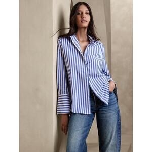 Banana Republic The Perfect Shirt Striped Cotton Button Up Blue White Top XL